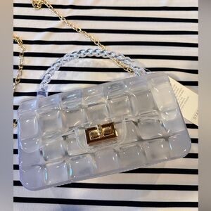 NWT, Transparent Designer Handbag with Gold chain crossbody,